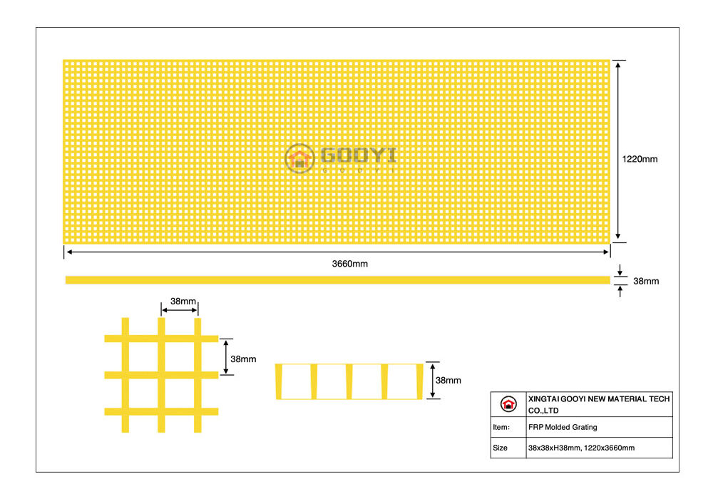 FRP Grating Drawing 38x38x38mm, 1220x3660mm
